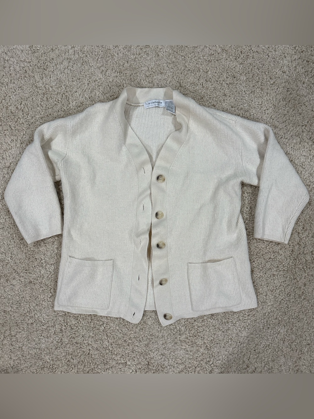 VTG Liz Claiborne Petite Collection Merino Wool Blend 3/4 Sleeve Cream Cardigan